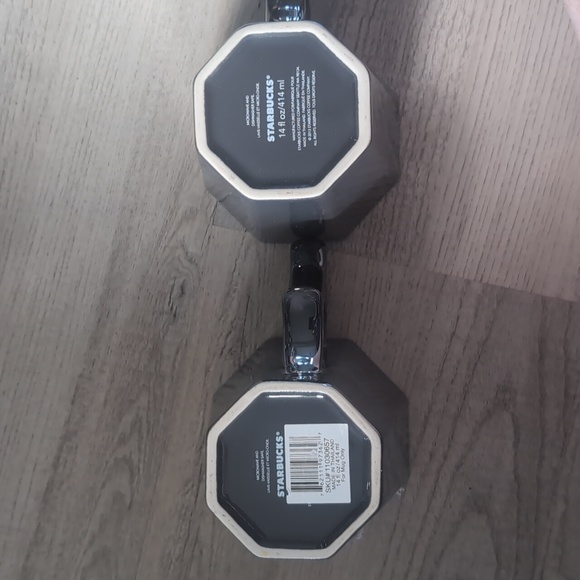 STARBUCKS Pair Coffee Mug Gun Metal Metallic Gray 14 oz Octagonal Shiny Cup 2013 - Picture 5 of 6